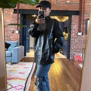 100% genuine leather button down shacket with pockets